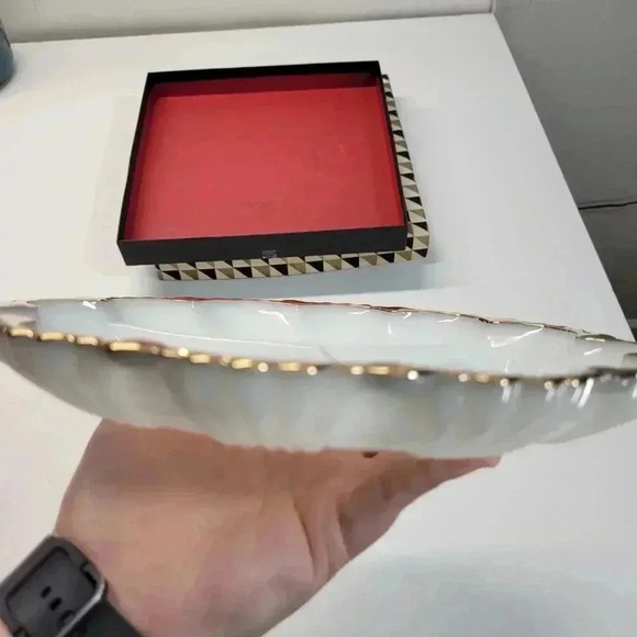 Vintage Anchor Hocking Milk Glass Gold Trim Pressed Glass Divided Serving Plate - Picture 5 of 9